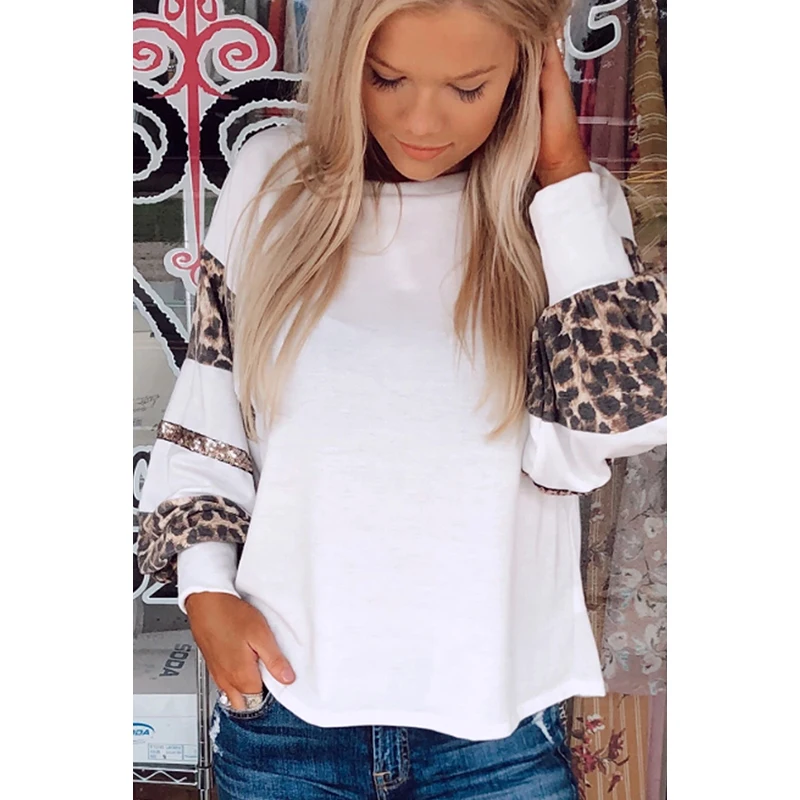

2020 Plus Size Sequins Patchwork Leopard Print White Crew Collar Long Sleeve Top Roupas Femininas Vetement Femme Women Clothing