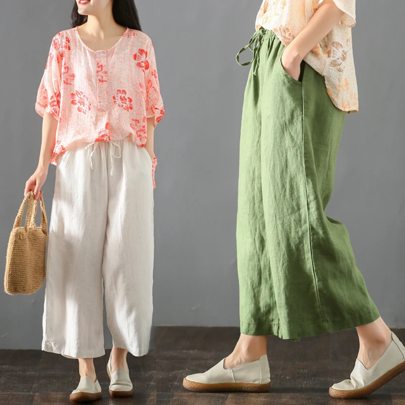 Художественные Свободные повседневные брюки в стиле ретро из хлопка и льна с