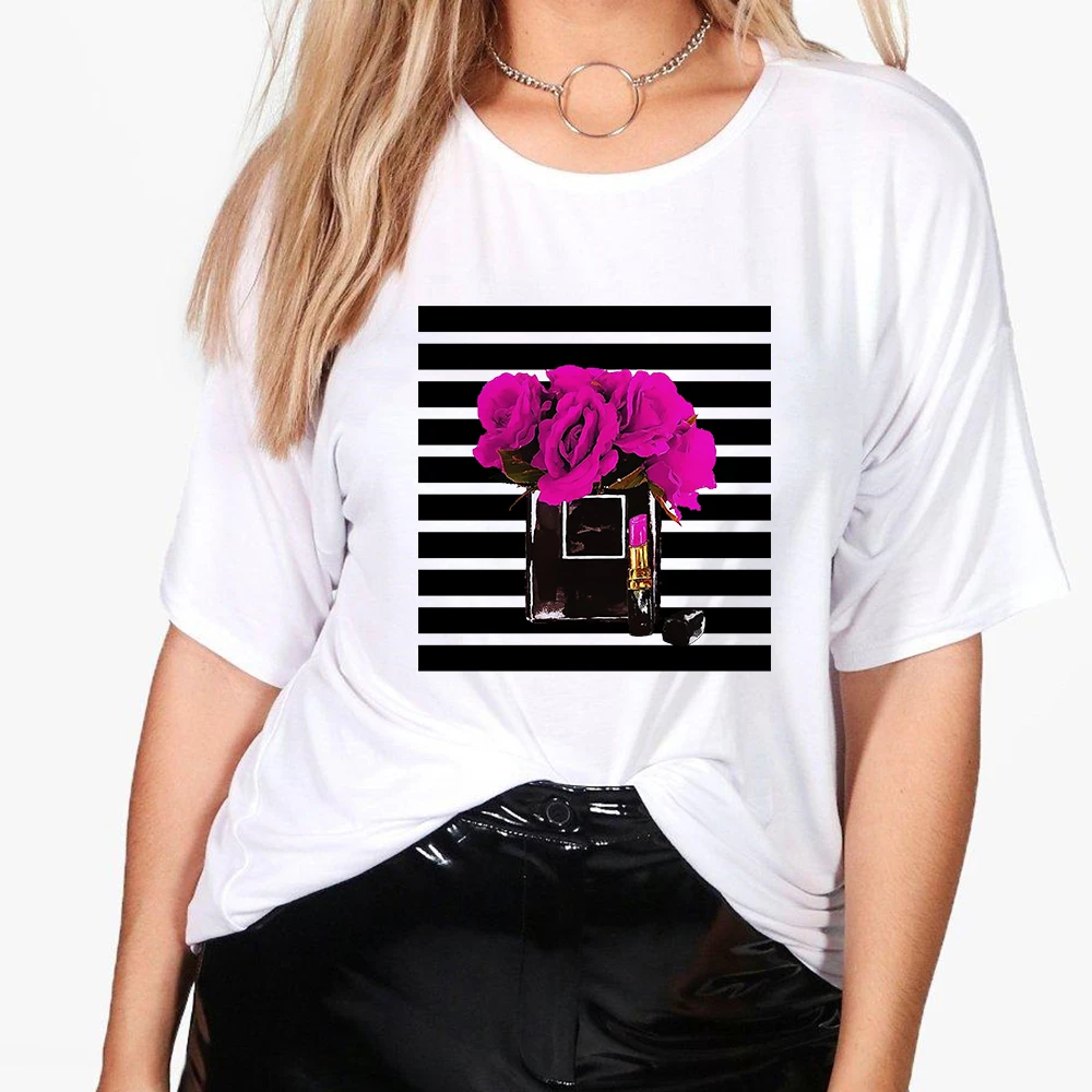 

Hot Selling Versatile T Shirts Female Purple Lipstick Perfume Bottle Graphic Printed Short Sleeve Vogue Tshirt Women Clothes