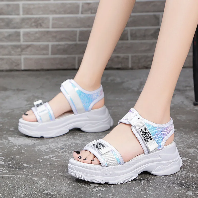 

Fujin Women Sandals Summer Thick Bottom 2020 Fashion High Heels Breathable Wedges Open Toe Hook Loop Bling Causal Women Sandals