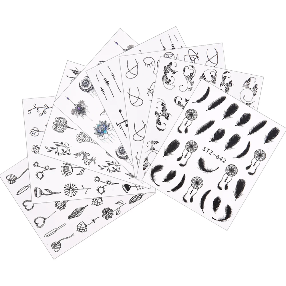 

1 Pcs Black Flower Feather Simple Nail Art Stickers Line Design Tattoo for Manicure Yoga Decals Slider Water Wraps DIY Tools