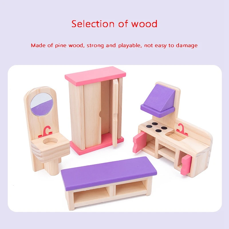 

19 PCS Wooden Dollhouse Furniture Playset Kids Pretend Play Toys Miniature Furniture for Children Dolls House Set
