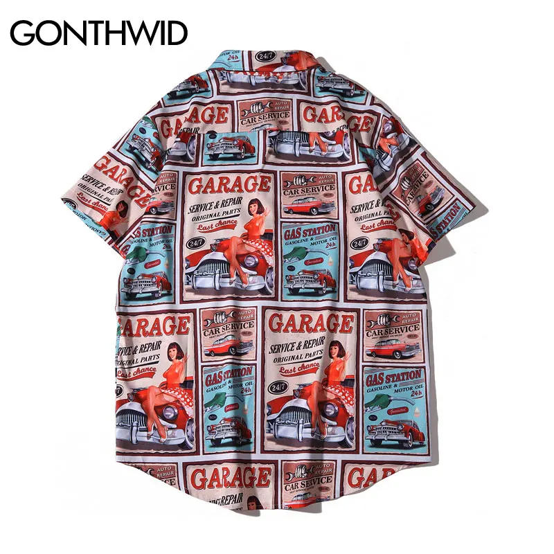Гавайская пляжная рубашка GONTHWID с винтажным плакатом летние повседневные