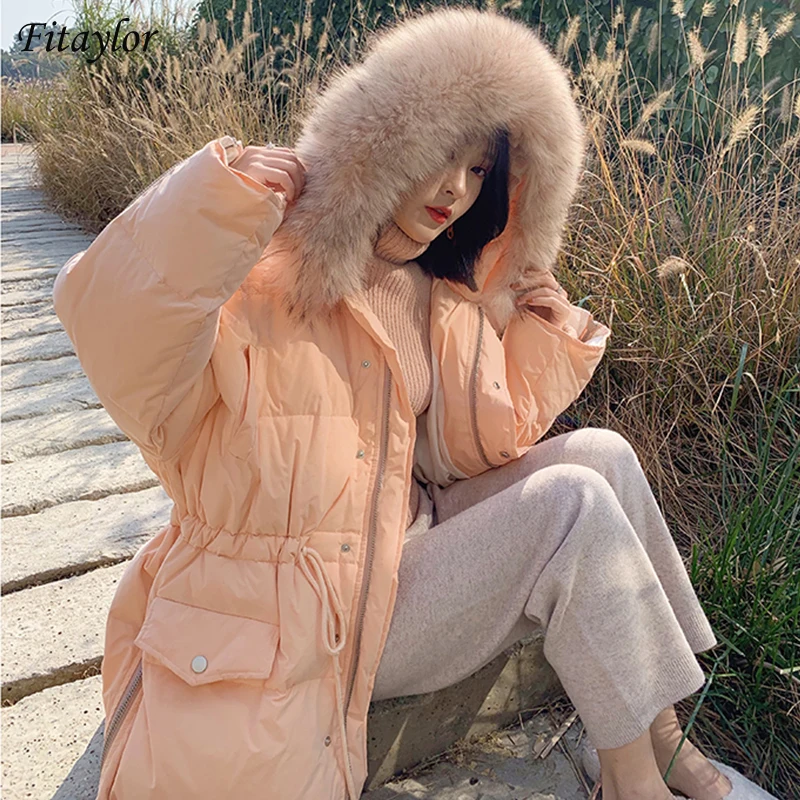 Fitaylor новый зимний женский длинный пуховик с капюшоном и натуральным меховым