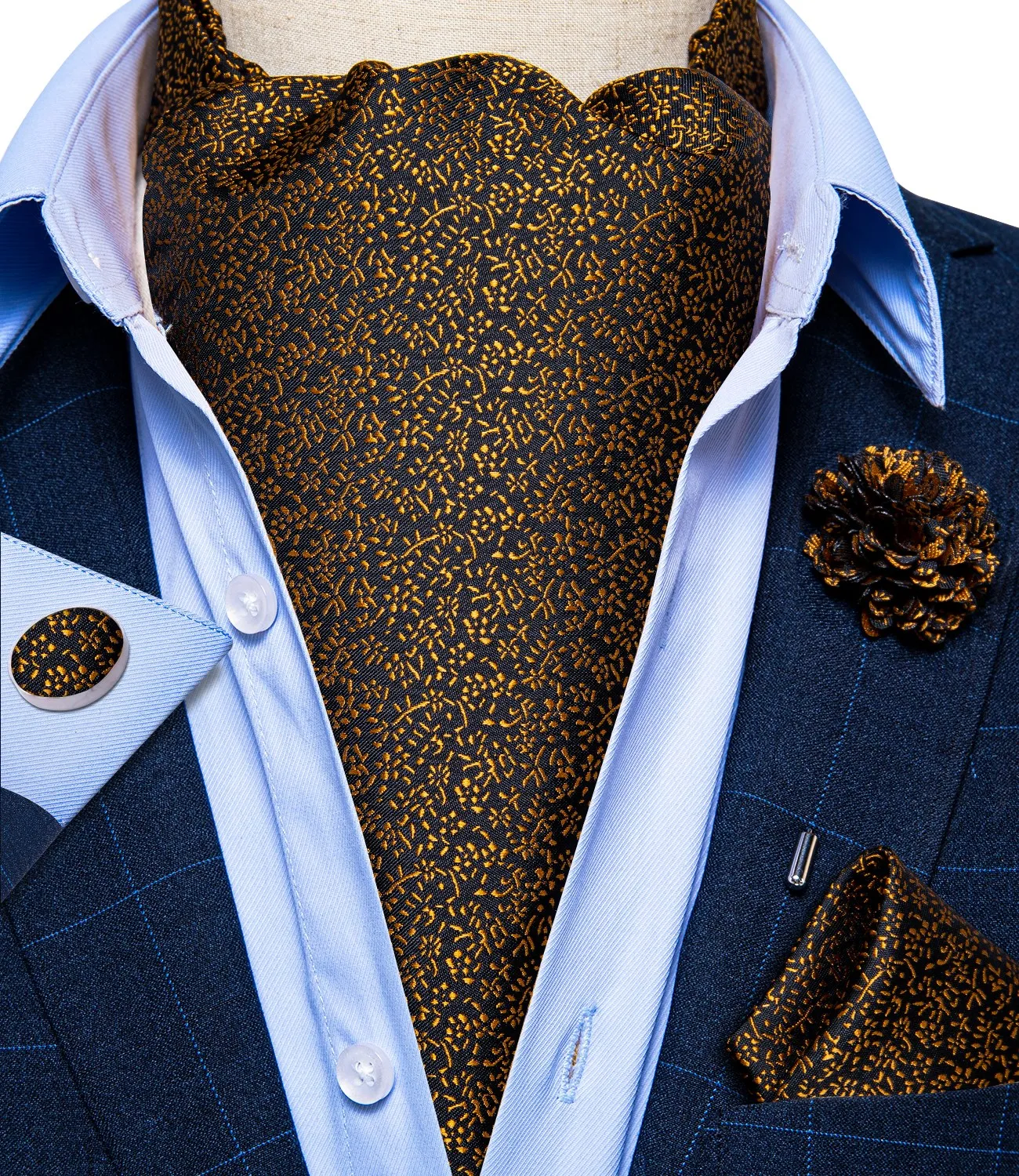 

Luxury Men's Ascot Vintage Gold Floral Black Jacquard Woven Silk Tie Self Cravat Scrunch British Style Gentleman Necktie DiBanGu