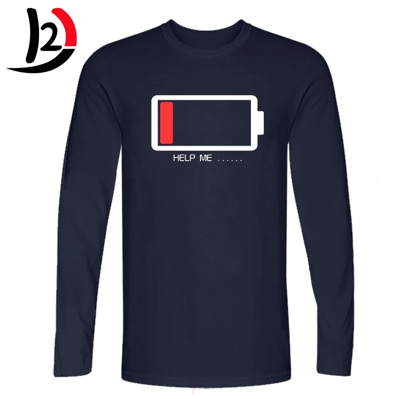 Hanhent HELP ME Battery Style Мужская футболка с длинным рукавом буквенным принтом и батареей