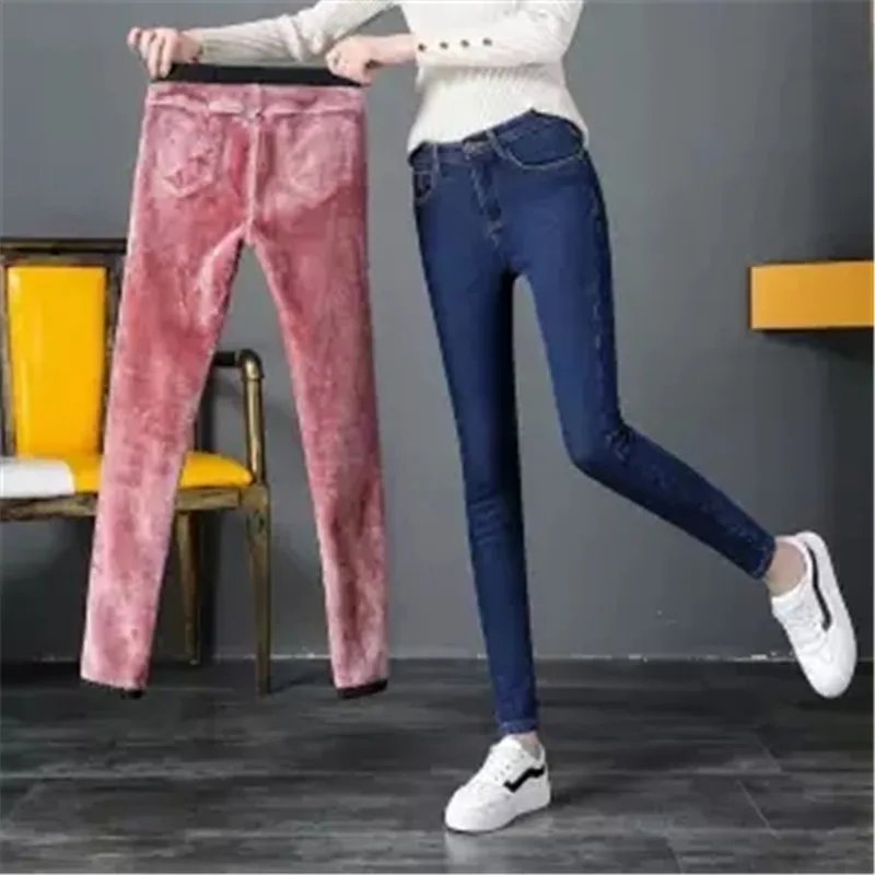 Blue pink Мама плюс размер бархатные теплые эластичные облегающие джинсы женские Зимние новые брюки с высокой талией женские плотные джинсовые длинные брюки уличная - Цвет: Blue pink
