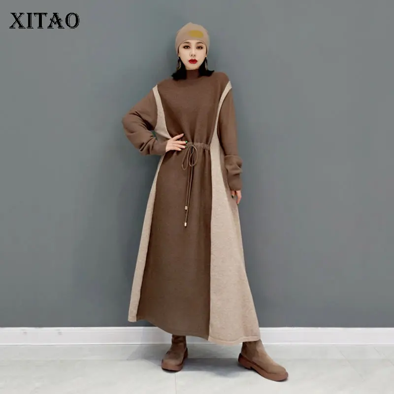 

XITAO трикотажное платье с завязками, модное винтажное платье контрастных цветов, Свободный пуловер, 2021 зимнее базовое платье JL0158