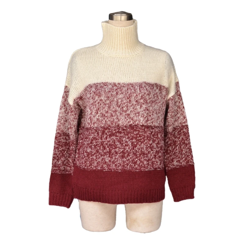 

Women Long Sleeve Knitted High Collar Color Block Sweater Pullover Autumn Winter Thicken Turtleneck Loose Sweater Tops
