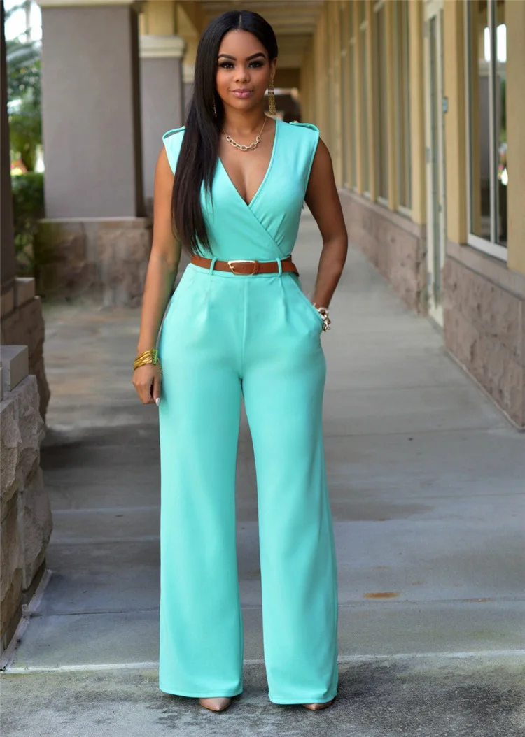 

Women's High Waist V-neck Wide-leg Pants Office Lady Rayon Jumpsuit Loose Overalls Gift Belt Rompers Womens Sexy Jumpsuit