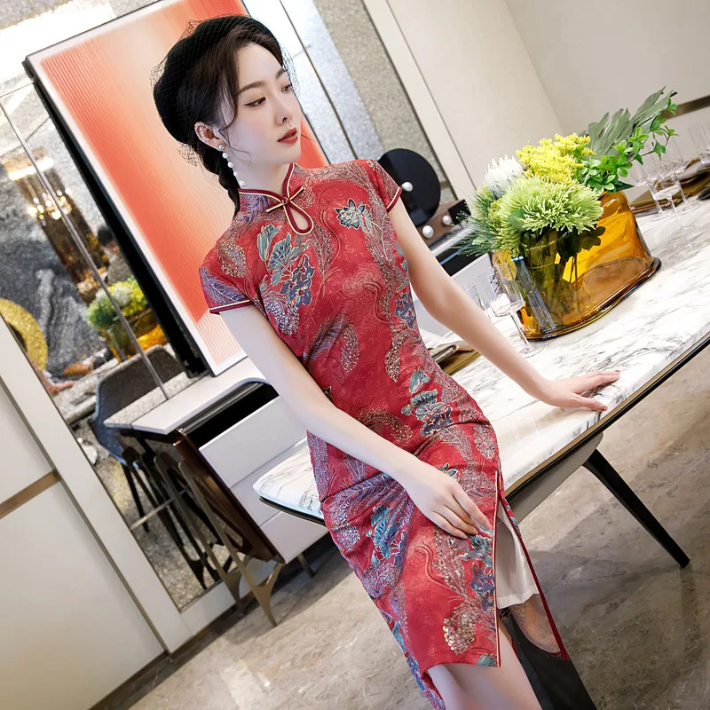 

2020 Spring And Summer New Long Cheongsam Daily Improvement Fashion Temperament Large Size Slim Short Sleeve Qipao Платья