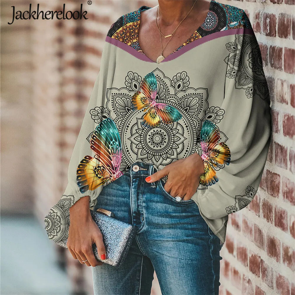 

Женская шифоновая блузка с длинным рукавом jackhereluk, Свободная Повседневная Блузка с принтом бабочки в богемном стиле, большие размеры, Camisas ...