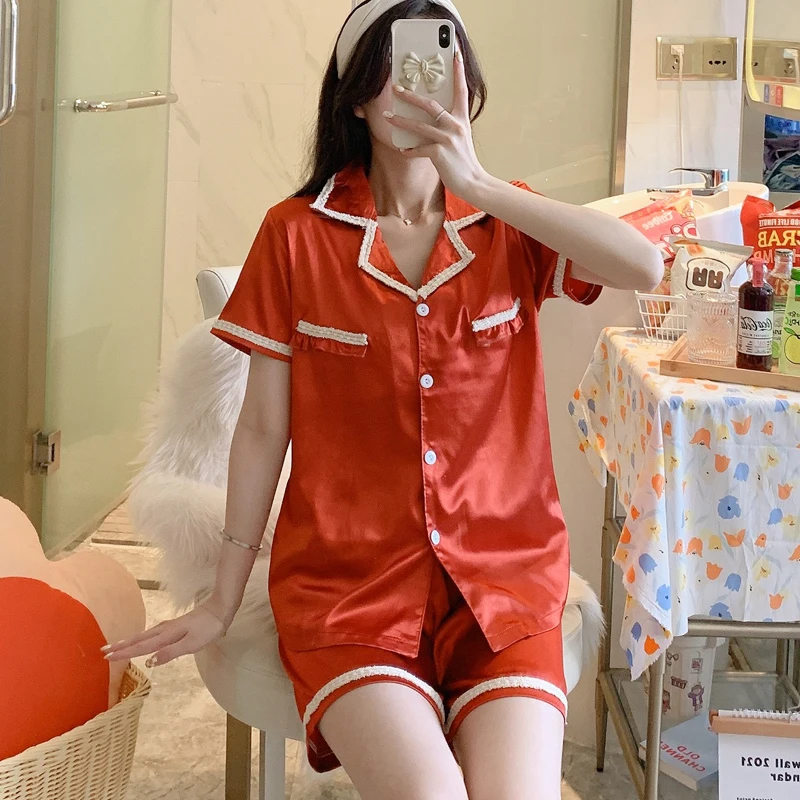 CAIYIER Summer Blue Pajamas Women Silk Short Sleeve Sleepwear Suit Lace Lace Small Fragrant Wind Girl Nightwear Home Wear Shorts