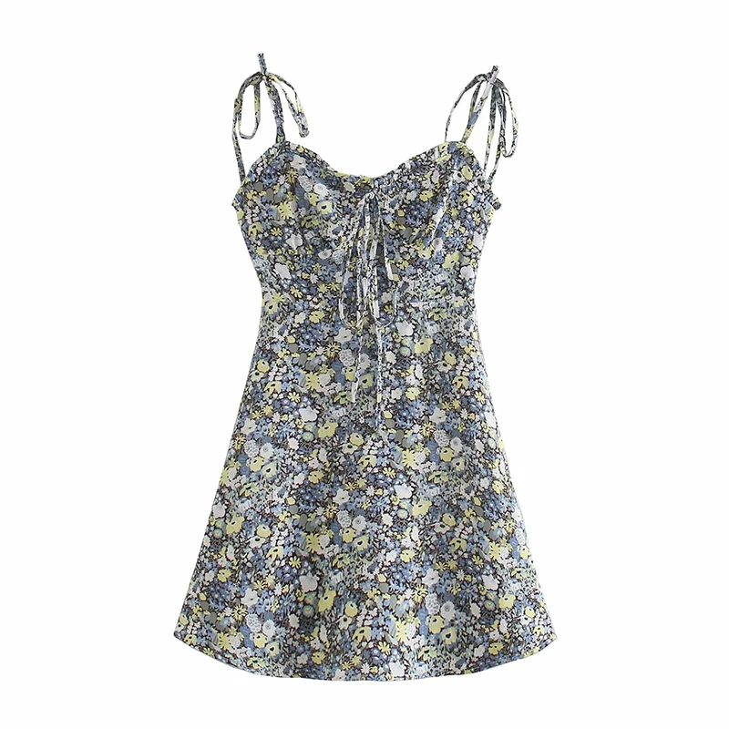 

2021 Summer Women Floral Lace-up Mini Dress Sleeveless Strap Ladies Vintage Dress Vestidos MSD1803