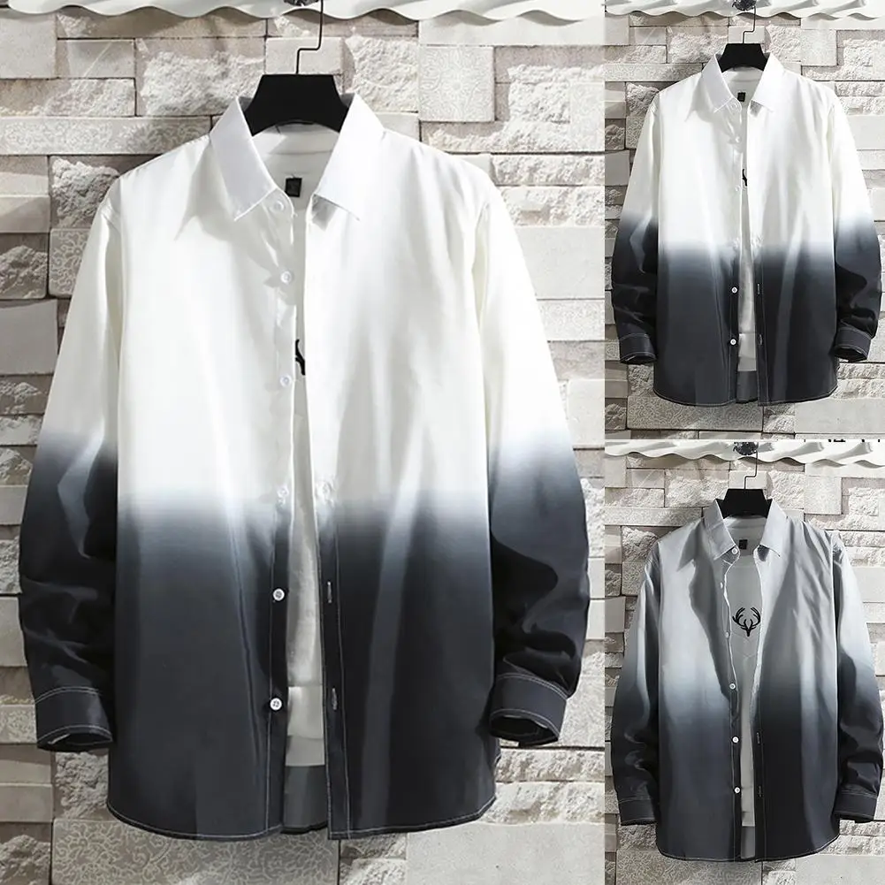 

Fashion Men Long Sleeve Turn Down Collar Gradient Color Buttons Loose Shirt Top