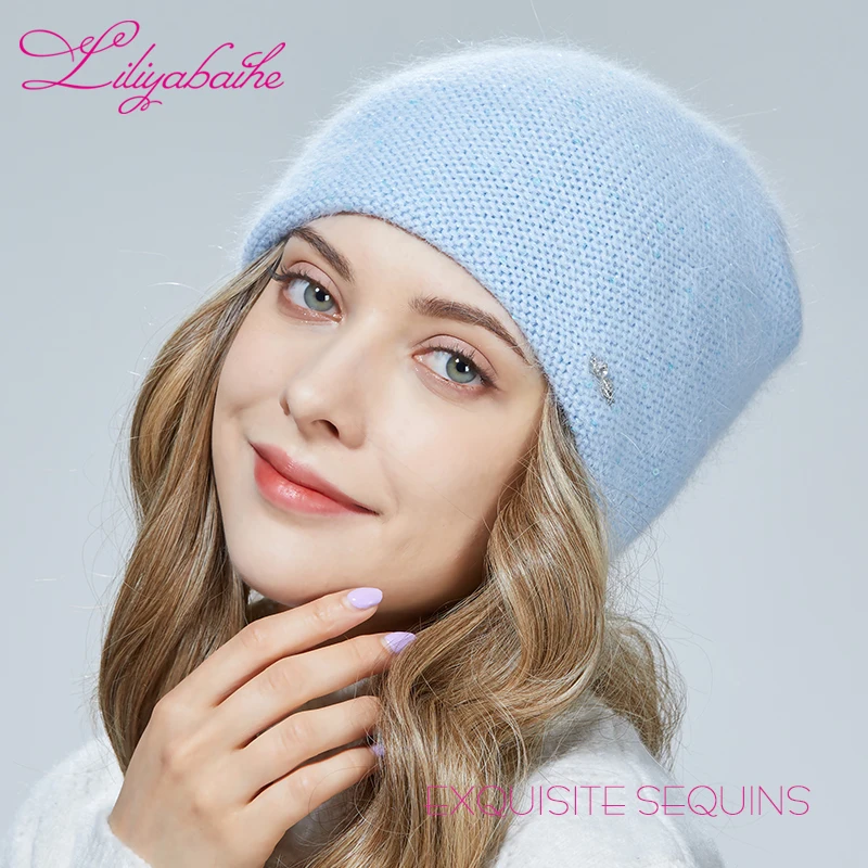 Liliyabaihe Women hat  Knitted double layer for warmth Angora wool Front diamond decoration For girl Three-dimensional sewing