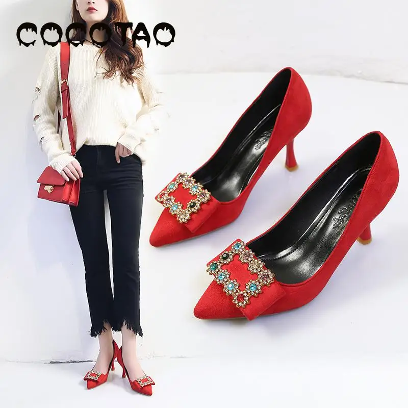 Женские свадебные туфли на высоком каблуке с острым носком Цвет Красный вечерние