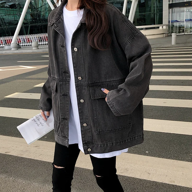 

2 colors Women's casual Jean Coats 2021 autumn Women loose Denim Jacket Long Sleeve Loose Female Girls Outwear Oversize