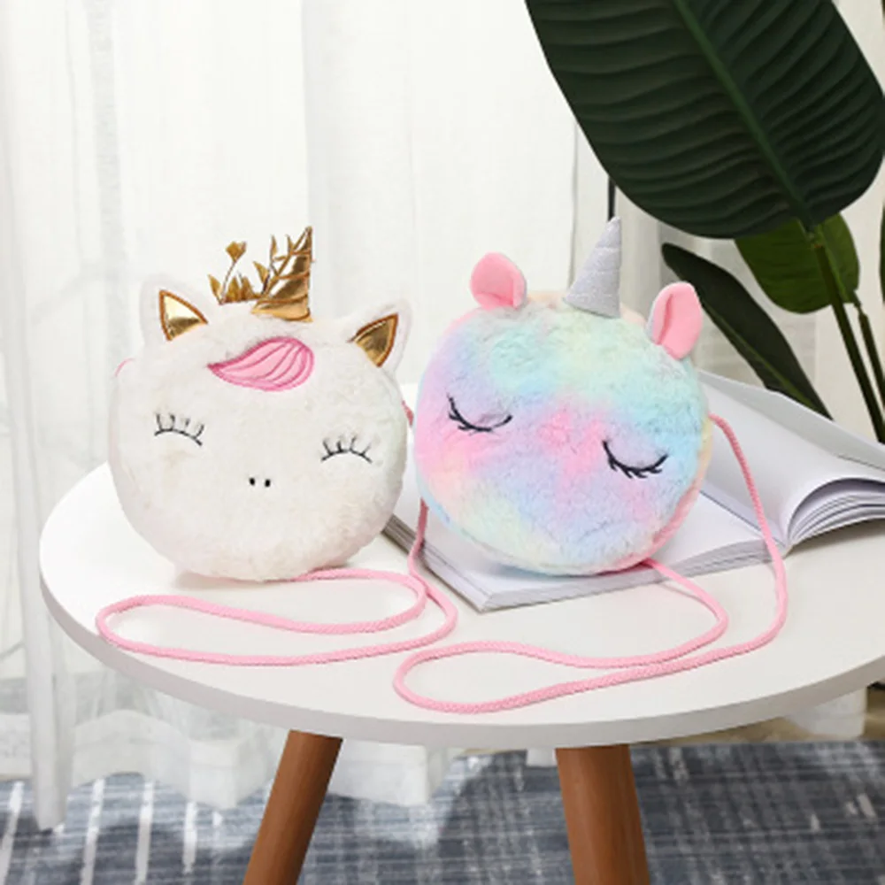 

Cartoon Unicorn Shoulder Bag Women Corduroy Square Belt Phone Purse Travel Fur Crossbody Bag Gift