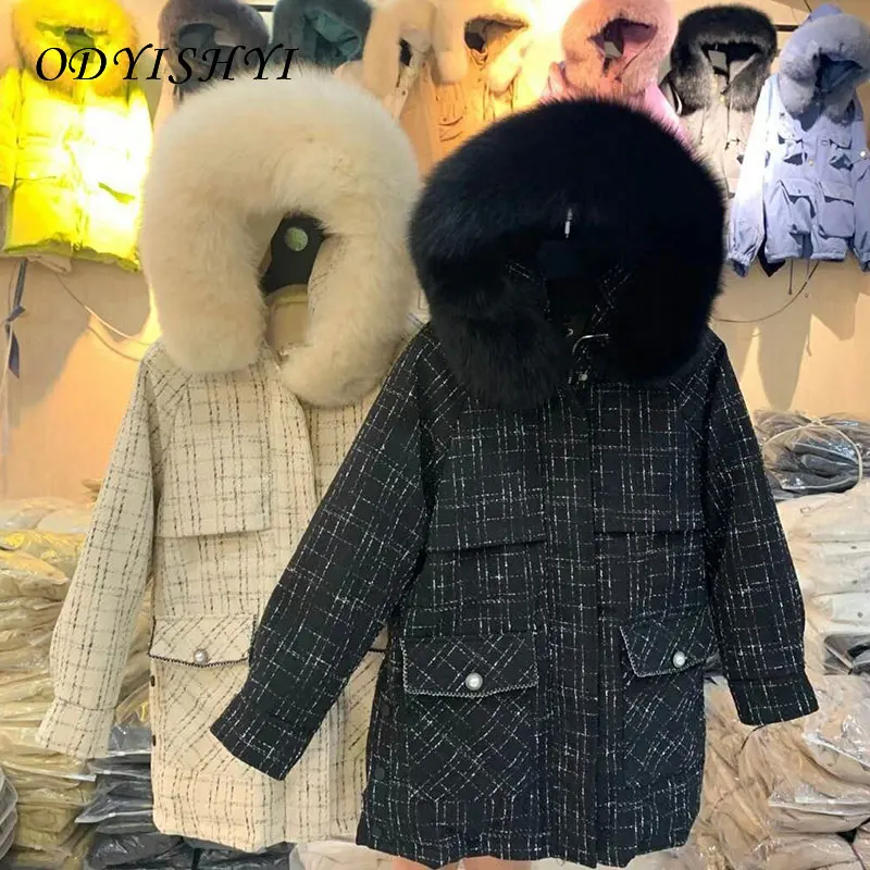 

Feather Jacket Women Thick Winter Warm Outwear 2020 New Loose Plaid Big Pocket Real Fox Fur Collar Hooded Down Coats Female D409