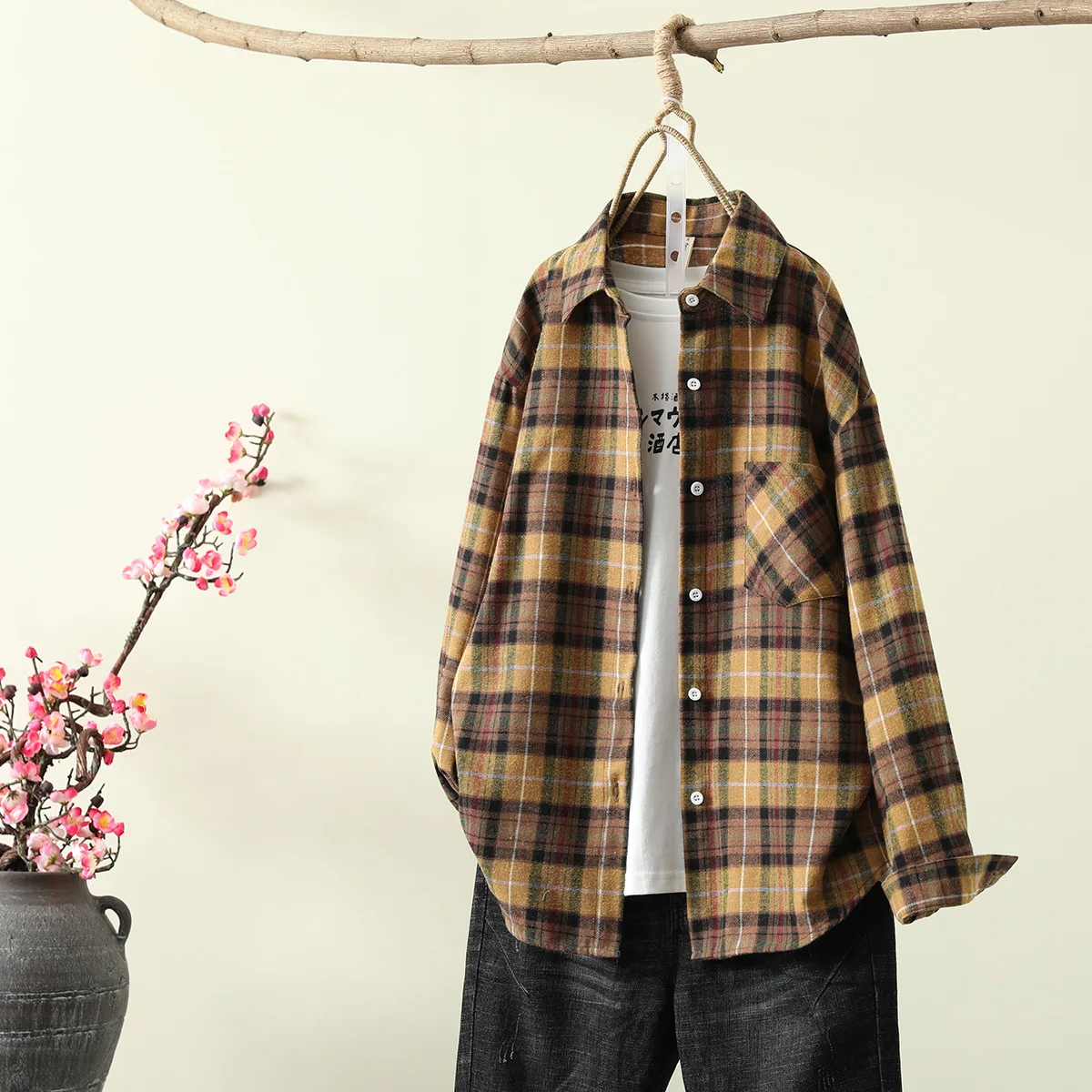 Клетчатые рубашки с отворотами в Корейском стиле свободная блузка Женская