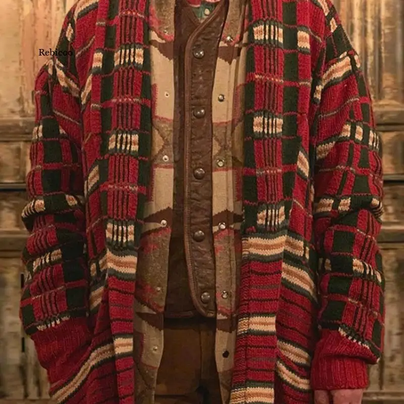 

2021 Autumn and Winter Men's Mid-Length Cardigan Patchwork Thickened Warm Sweater Casual Long-Sleeved Knitted Sweater Jacket