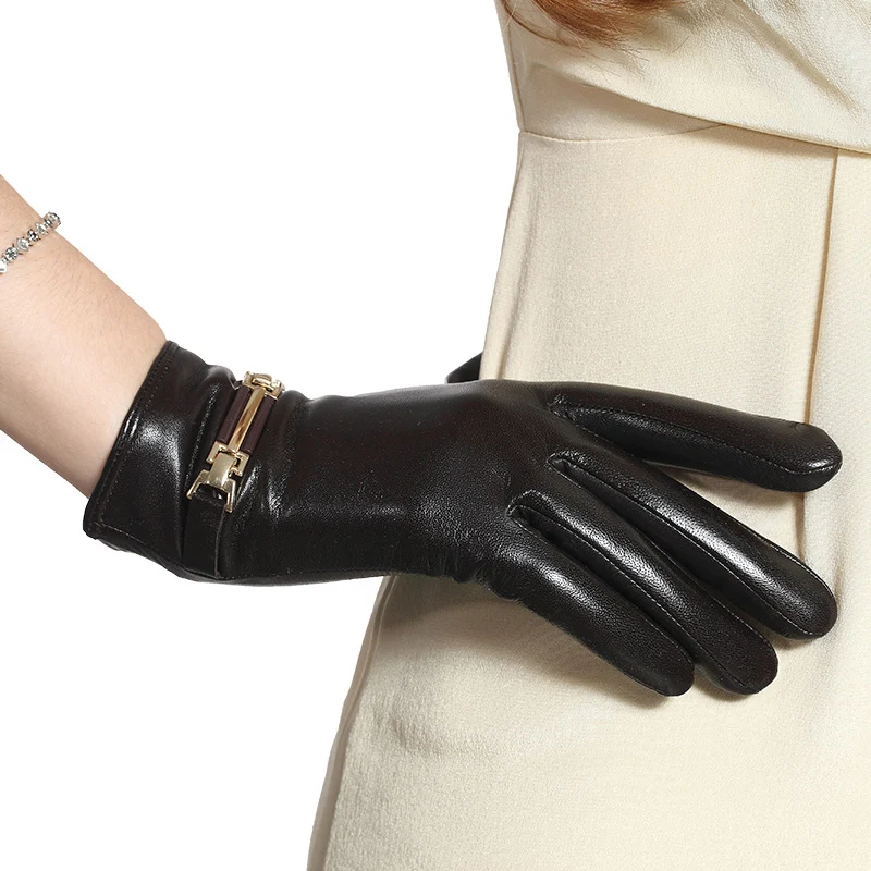 

Genuine Leather Women Gloves Female Fashion Metal Buckle Short Style Winter Sheepskin Gloves Plush Lined 3302