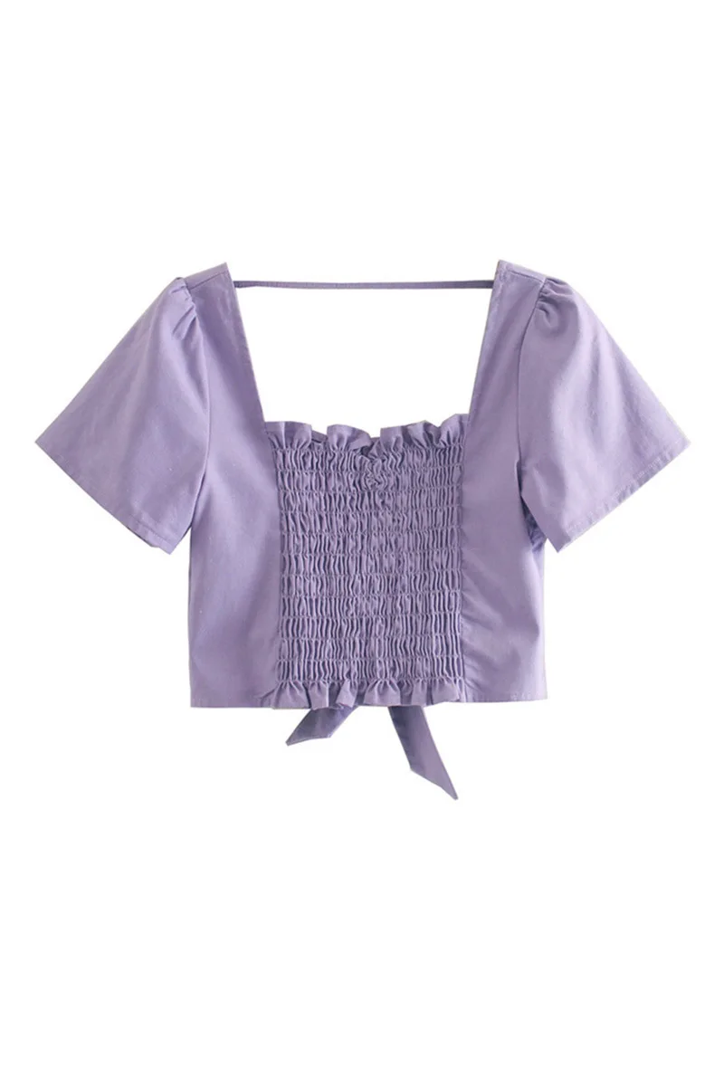 

French retro care machine love elastic bow jacket behind summer new short slim shirt dlsy962