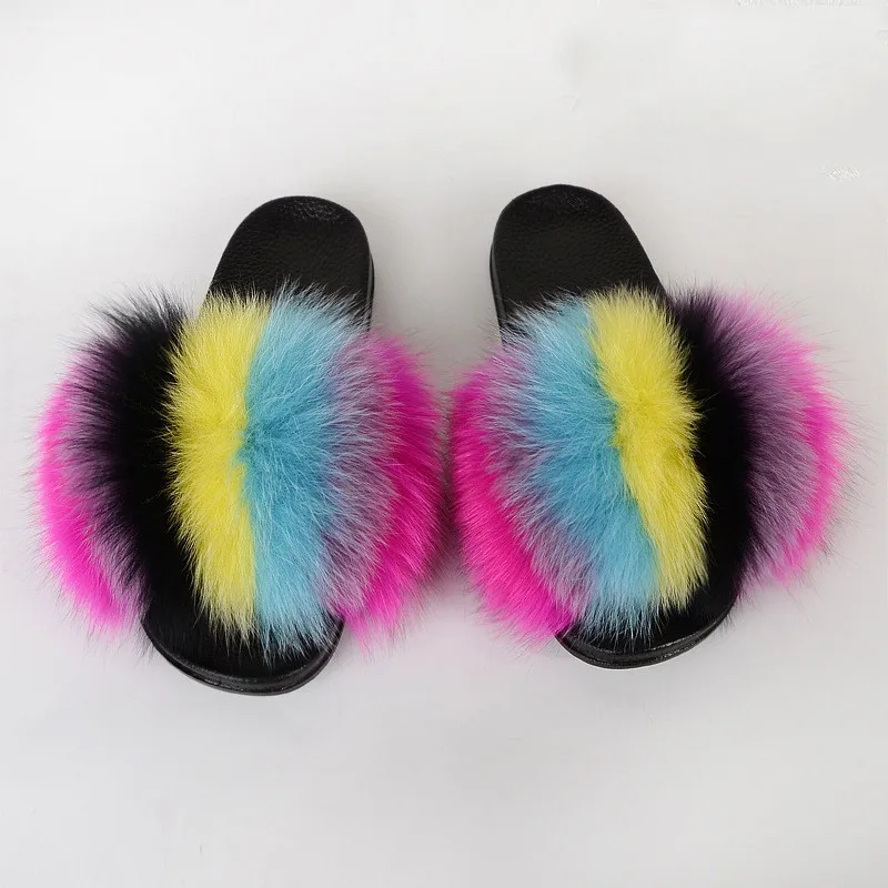 

Women's Fluffy Colorful Real Fox Fur Slippers Female Furry Slides Girl's Luxury Sandals Ladies Flip Flops Girl's Cute Shoes 2021