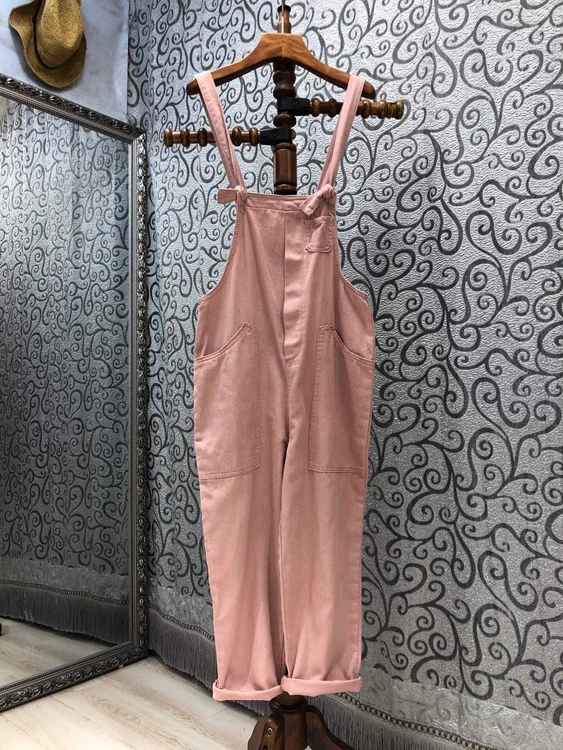 

2021 new women fashion loose symmetrical big pocket decoration off shoulder strap jumpsuit casual pants 520