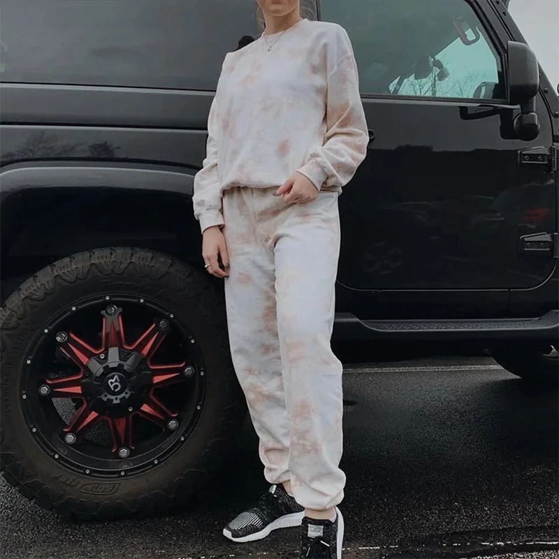 

Dyeing Print Women's Homewear Two Piece Sets O Neck Long Sleeve Elastic Casual Female Suit 2021 Spring Fashion Ladies Home Sets