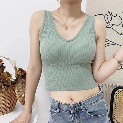

ATHVOTAR Women V-neck Wireless Bra Top Elasticity Gather Tube Top Korean Knitting Padded Sports Underwear Bralettle 2021
