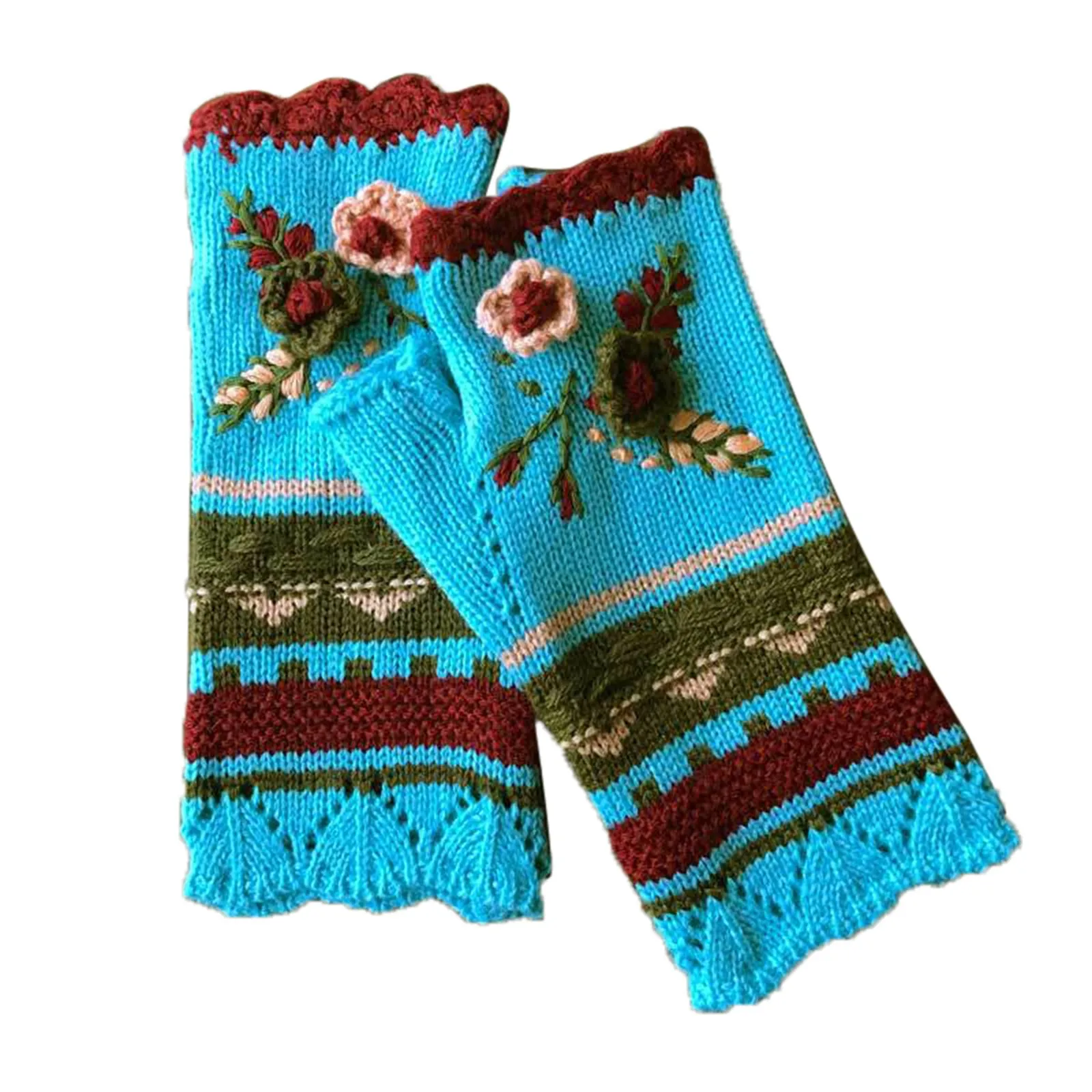 

Women Warm Knitting Hand Hook Jacquard Knitted Half-finger Winter Gloves High Quality Mittens Handmade Flower Embroidery Gloves