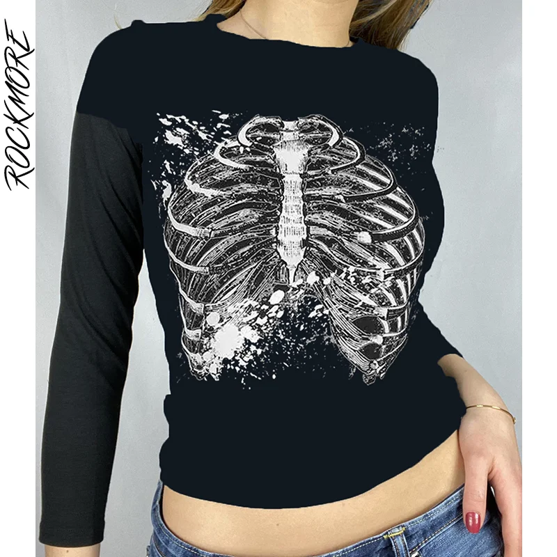 

Rockmore Skull Bone Print Top Gothic Long Sleeve T-Shirt Women Black O-Neck Tee Streetwear Basic Slim Tee 90s Vintage Grunge