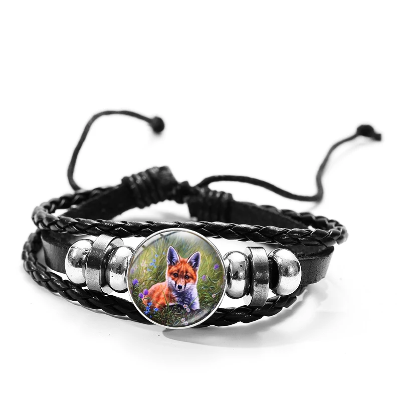 SIAN Cartoon Three Fox In The Forest Bracelet Red Funny Photo Cabochon Handmade Leather Braided Bracelets Wristband for Kids | Украшения и