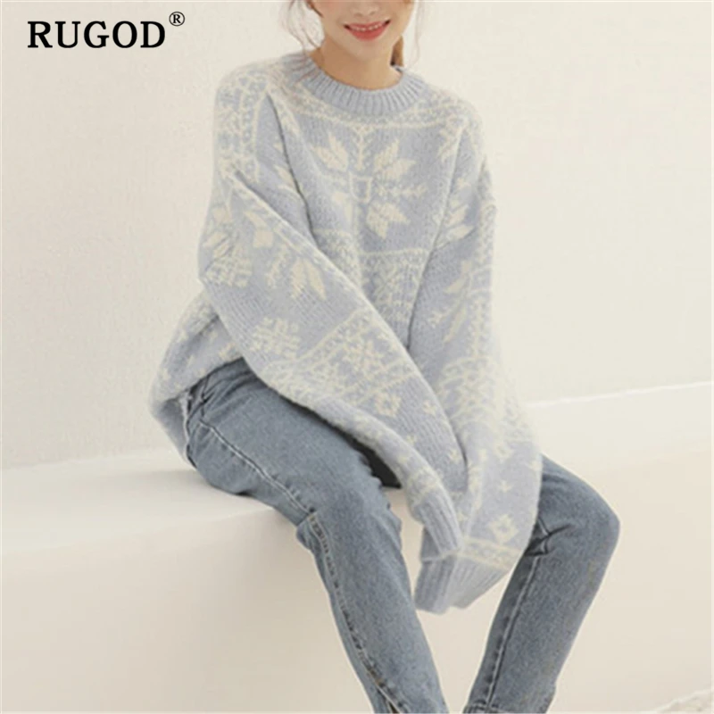 RUGOD Fashion knitted Christmas sweater women Korean chic batwing sleeve loose winter warm pullovers 2019 Casual printed | Женская