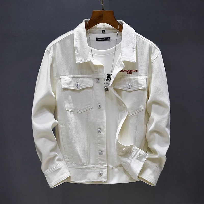 

Trend Men Denim Jacket Black White Spring Autumn New Letter Printing Coat Fashion Youth Locomotive Streetwear Male Cowboy Jacket