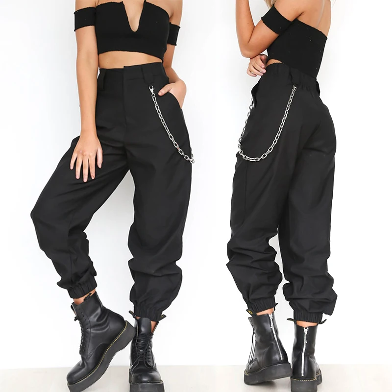 

Casual Side Pockets Female With chain Hip hop Cool Pants Streetwear Women Punk High Waist Fashion Black Loose Cargo Pants