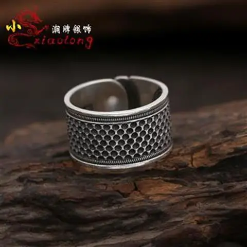 

S999 Pure Silver Men's and Women's Wide Scale Xiangyun Cross Stitch Thimble Finger Stall Sterling Silver Ring Thai Silver Telesc