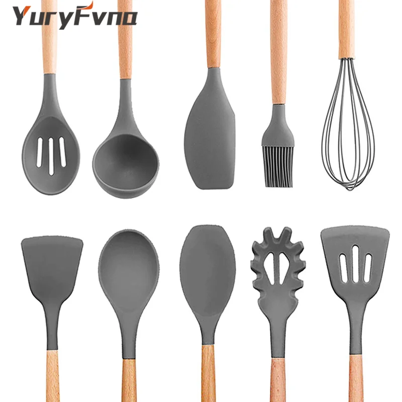 YuryFvna, силиконовая кухонная утварь с деревянной ручкой, кухонные инструменты, щипцы, лопатка, ложка, венчик, посуда с антипригарным покрытием
