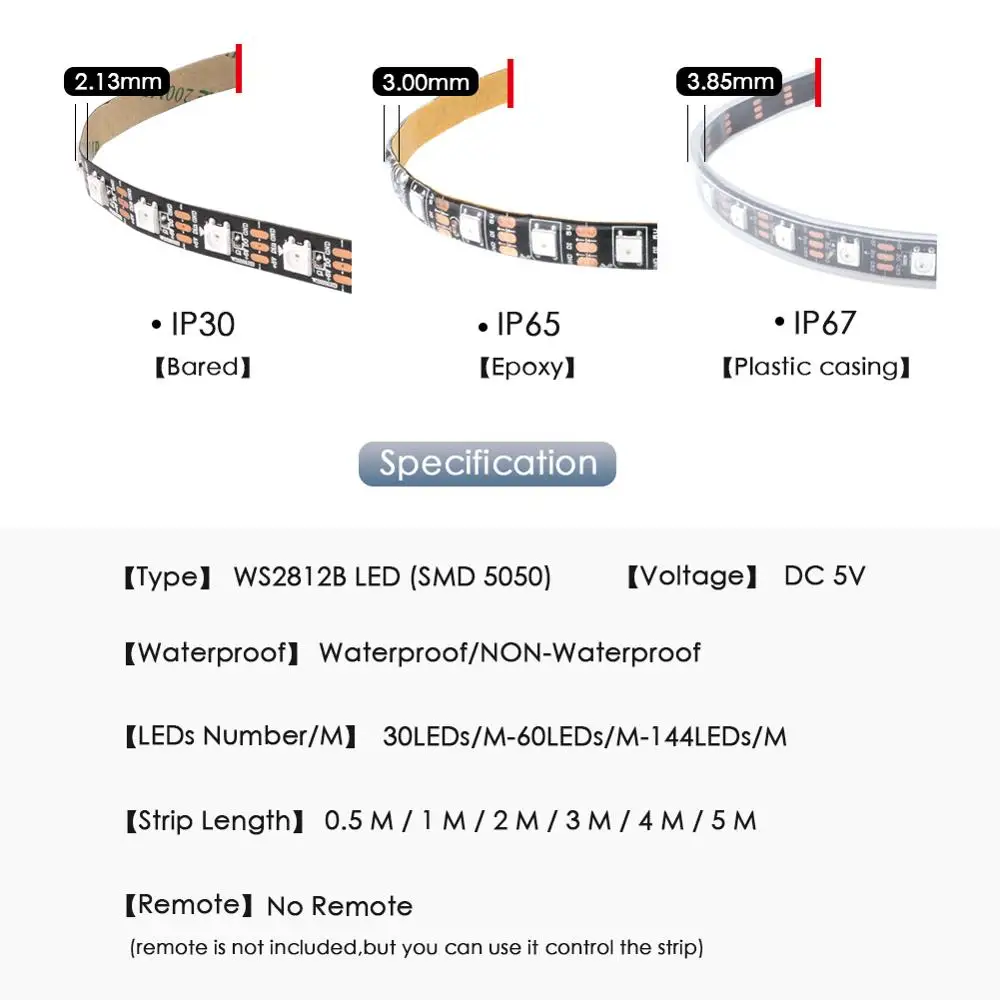 WS2812B LED Strip DC 5V 30/60/144 LEDs RGB Smart Addressable Pixel Black White PCB WS2812 IC 50CM 1M 2M 3M 4M 5M 17Key Bar KTV | Лампы и