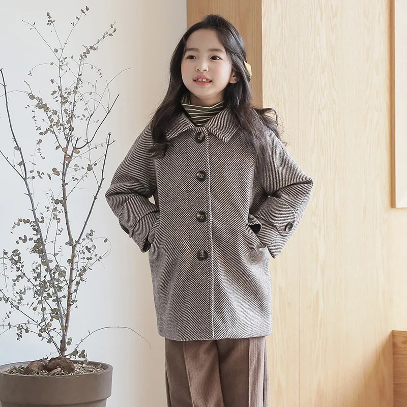 Осенне зимняя элегантная шерстяная куртка для девочек Новое Детское клетчатое