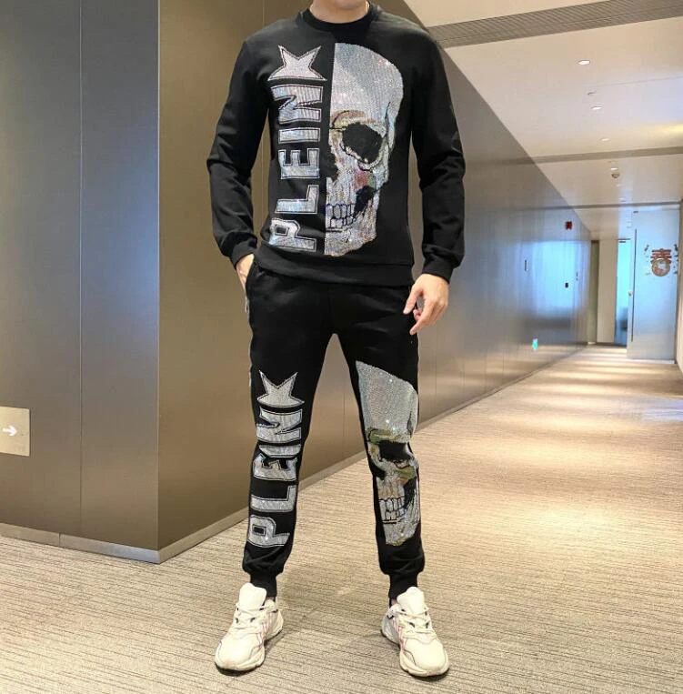 Новинка 2021 мужские комплекты Стразы толстовка с капюшоном и брюки повседневный