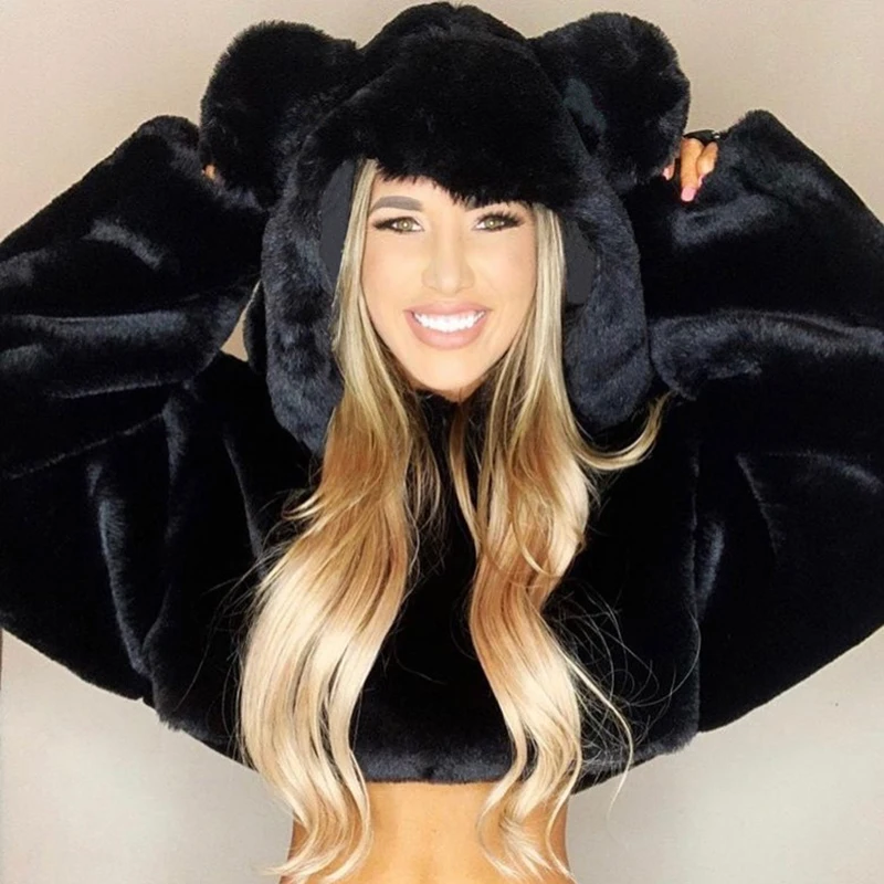Черный Waatfaak Пушистый кот толстовка женская негабаритная однотонная черная укороченная Толстовка Милая Повседневная зимняя Толстовка Белая теплая одежда - Цвет: Черный