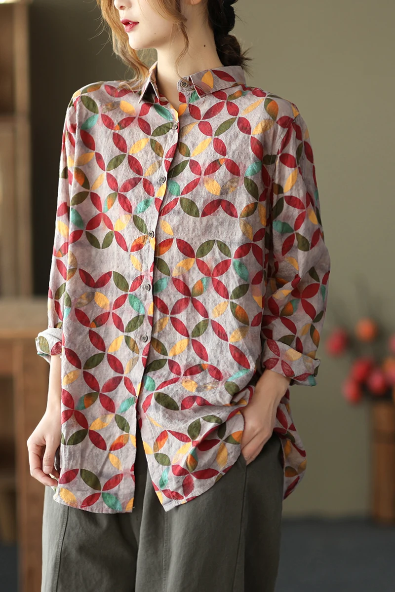 

2021 Spring Vintage Printed Cotton And Linen Shirt Versatile Literature Loose Long Sleeve Shirt Women's Cardigan Top