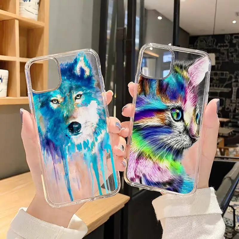 

design cat wolf lion tiger colors animal Phone Case Transparent iPhone 6 7 8 11 12 s mini pro X XS XR MAX Plus SE cover funda