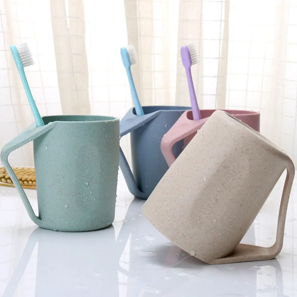 

4pcs Wheat Straw Cups Biodegradable Drinking Cup Brushing Cup Reusable Unbreakable Plastic Cup Thumb Rest Toothbrush Cup