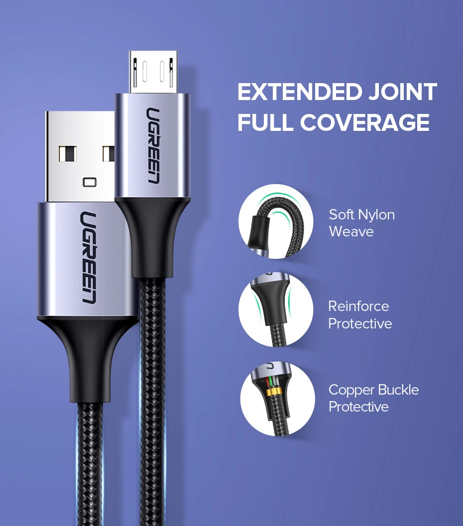 Ugreen Micro USB Кабель 2.4A Нейлоновый Шнур для Зарядки Телефона USB-кабель Провод для Быстрой Зарядки для Samsung s Huawei Xiaomi HTC LG Планшет Android зарядное устройство для телефона Кабель Micro USB