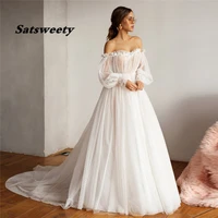 new design off shoulder puffy sleeve dot tulle wedding dresses for bridal sexy open back long sleeve 3d flower bride gown