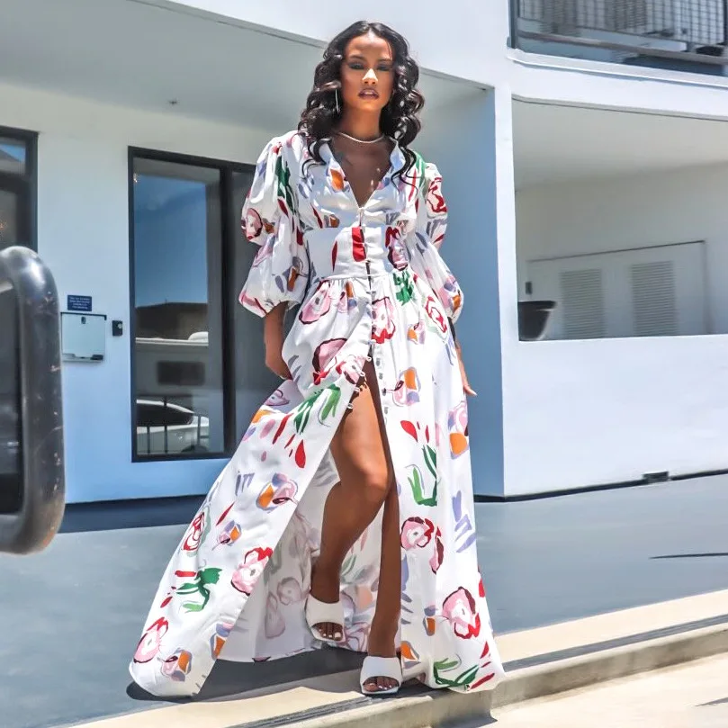 

Fashion Sexy Bubble Long-sleeved Printed Dress With Slits Women Mopping Skirt